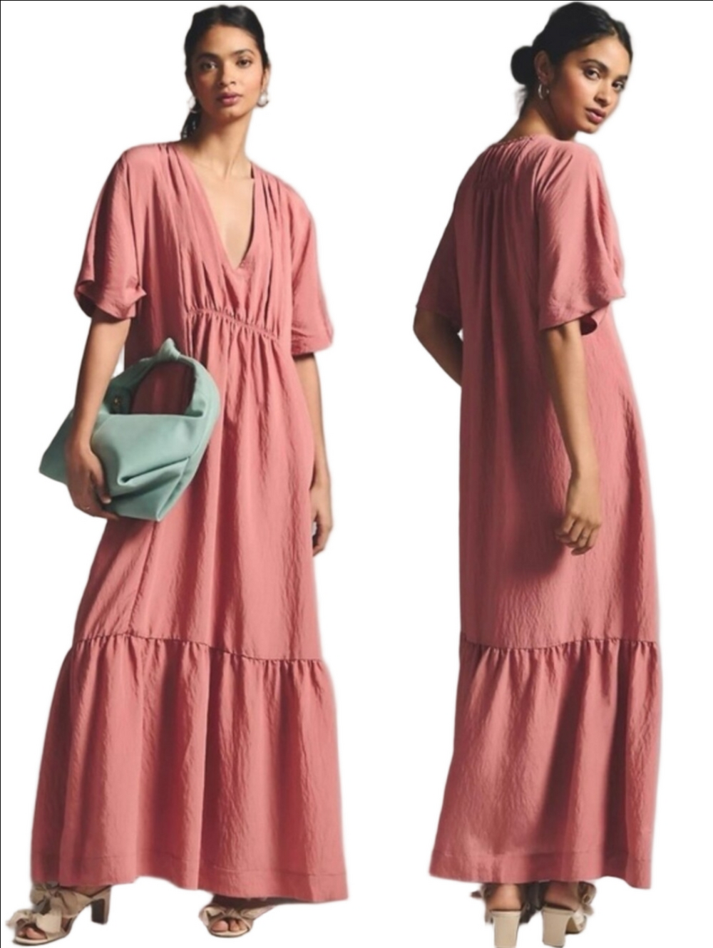 NWT By Anthroplogie Somerset Terracotta Rose Waistless V Neck Tiered Maxi Dress